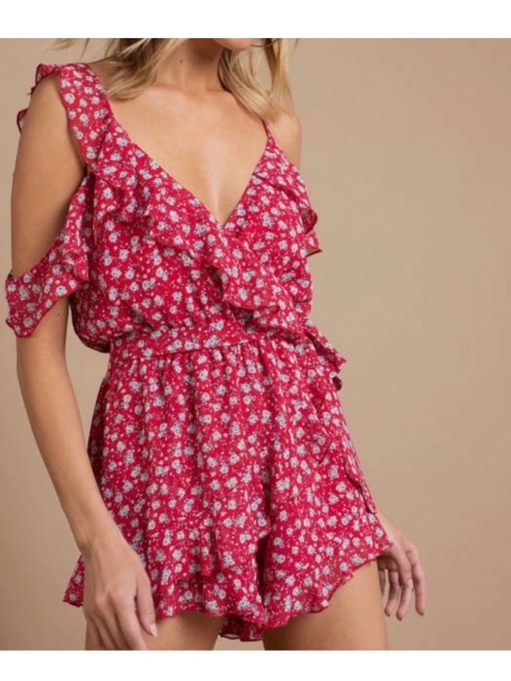 Tobi Pink Floral Cold-Shoulder Ruffle Romper